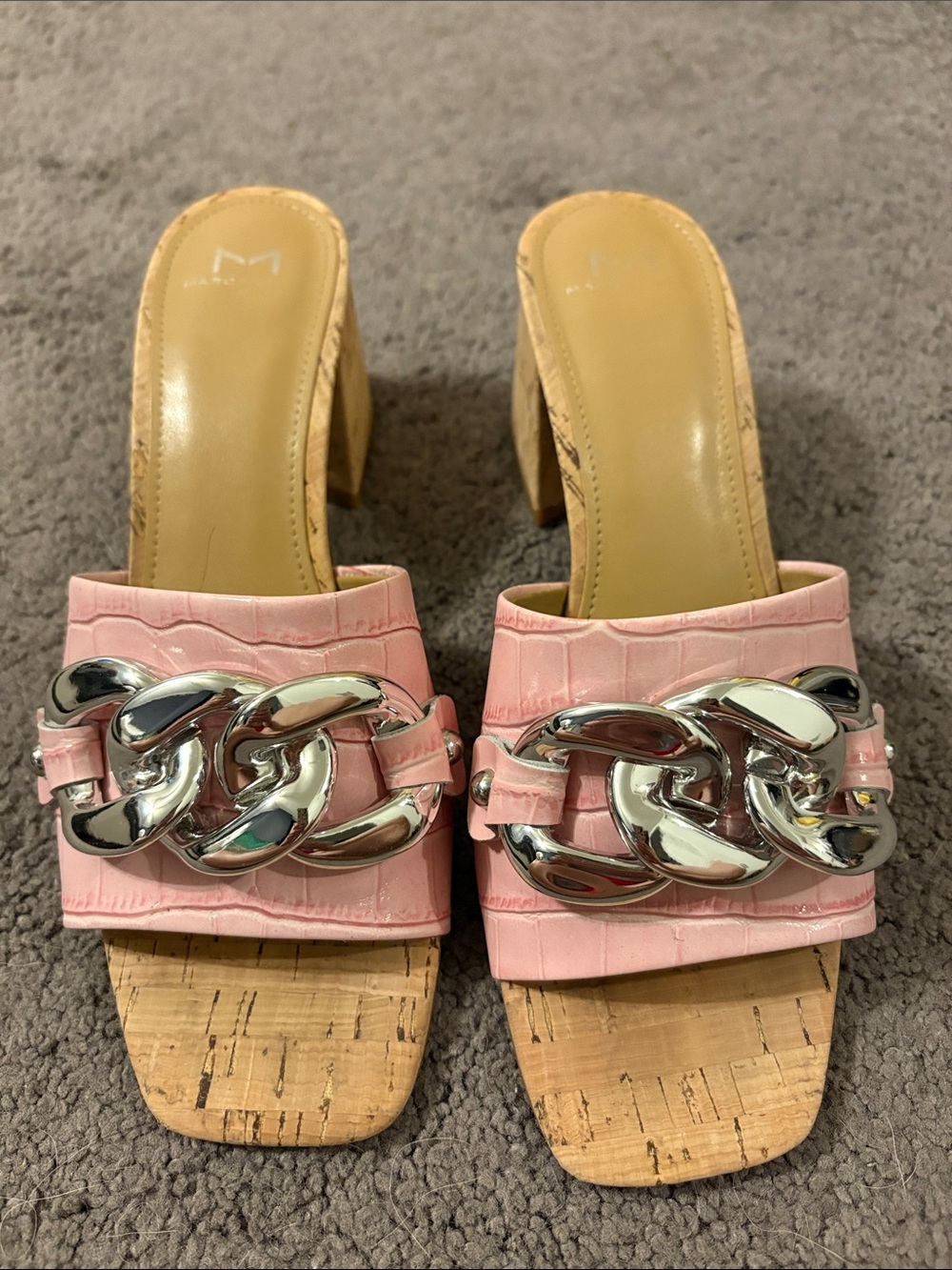 Marc Fisher Pink Croc-Embossed Chain-Accent Block Heel Mules